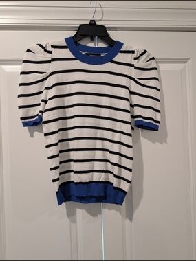 Striped Puff Sleeve Top in White, Black & Blue